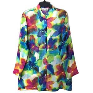 Brownstone Studio Colorful Button Down Shirt Tunic size large whimsical floral